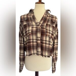 Altar'd State Brown and Cream Plaid Button-Down Shirt